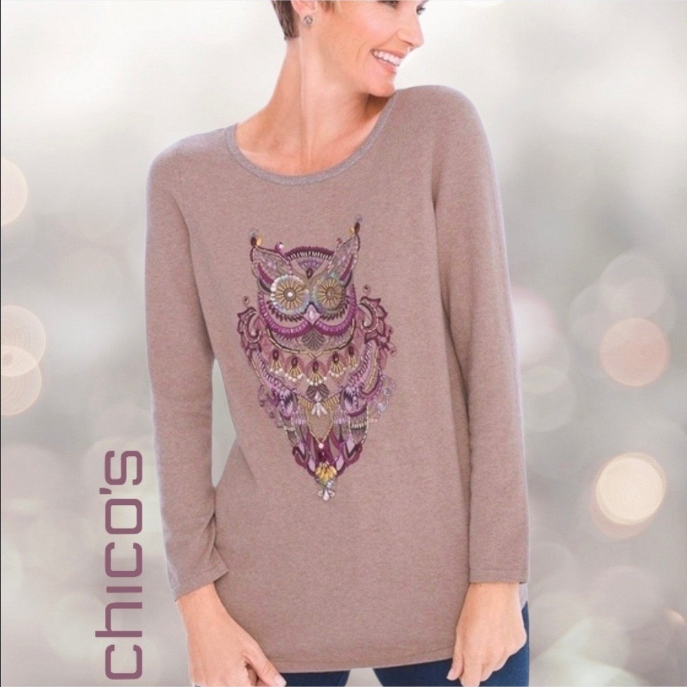 Chico's Zenergy Womens Beaded‎ Owl Cashmere Blend Sweater Brown Size 3